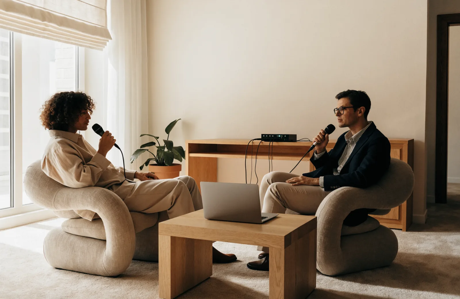 Illustration IA : échange entre deux personnes autour de microphones.